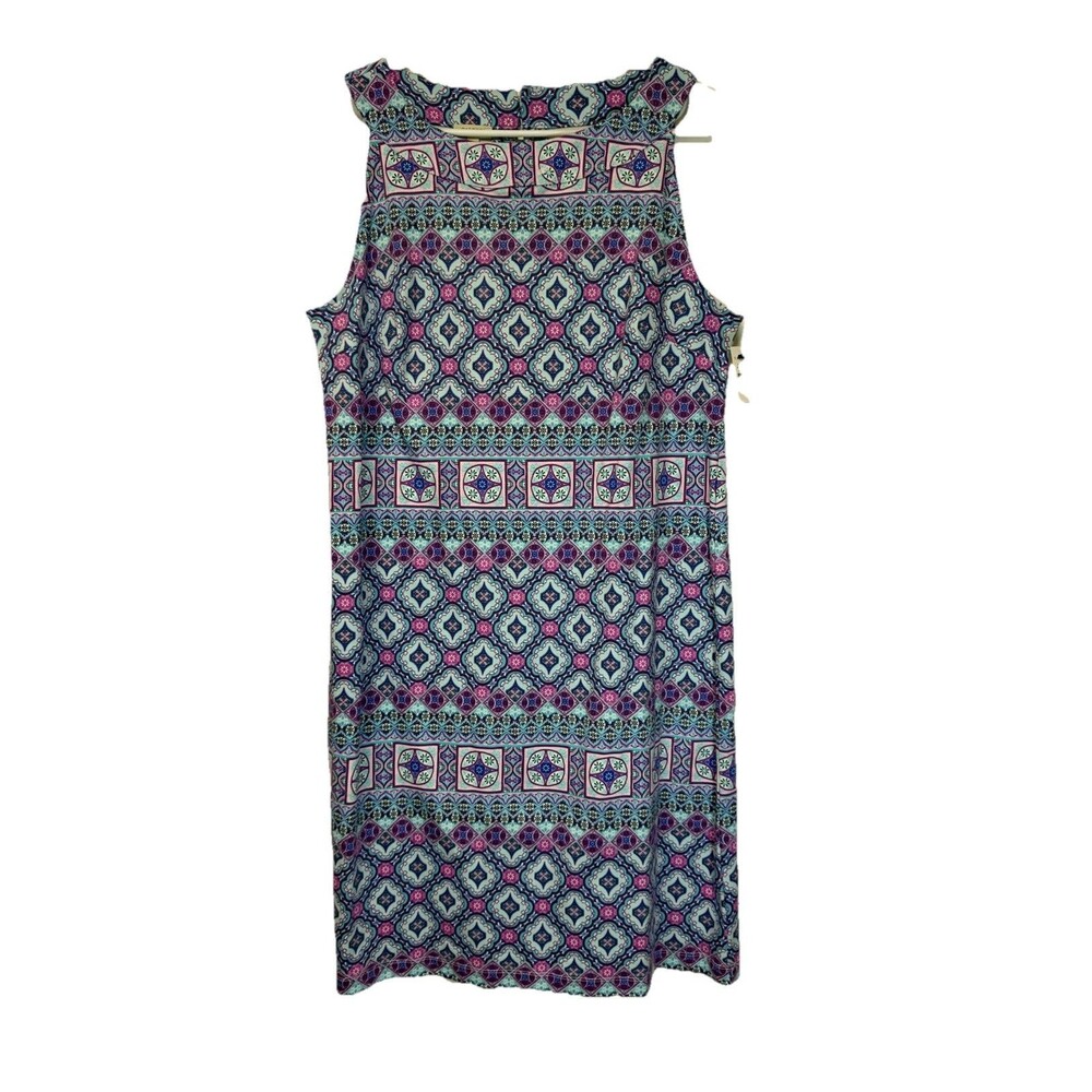 TALBOTS EFFORTLESS JERSEY MEDALLION Button Back DRESS Cotton Pink Blue Sz L New